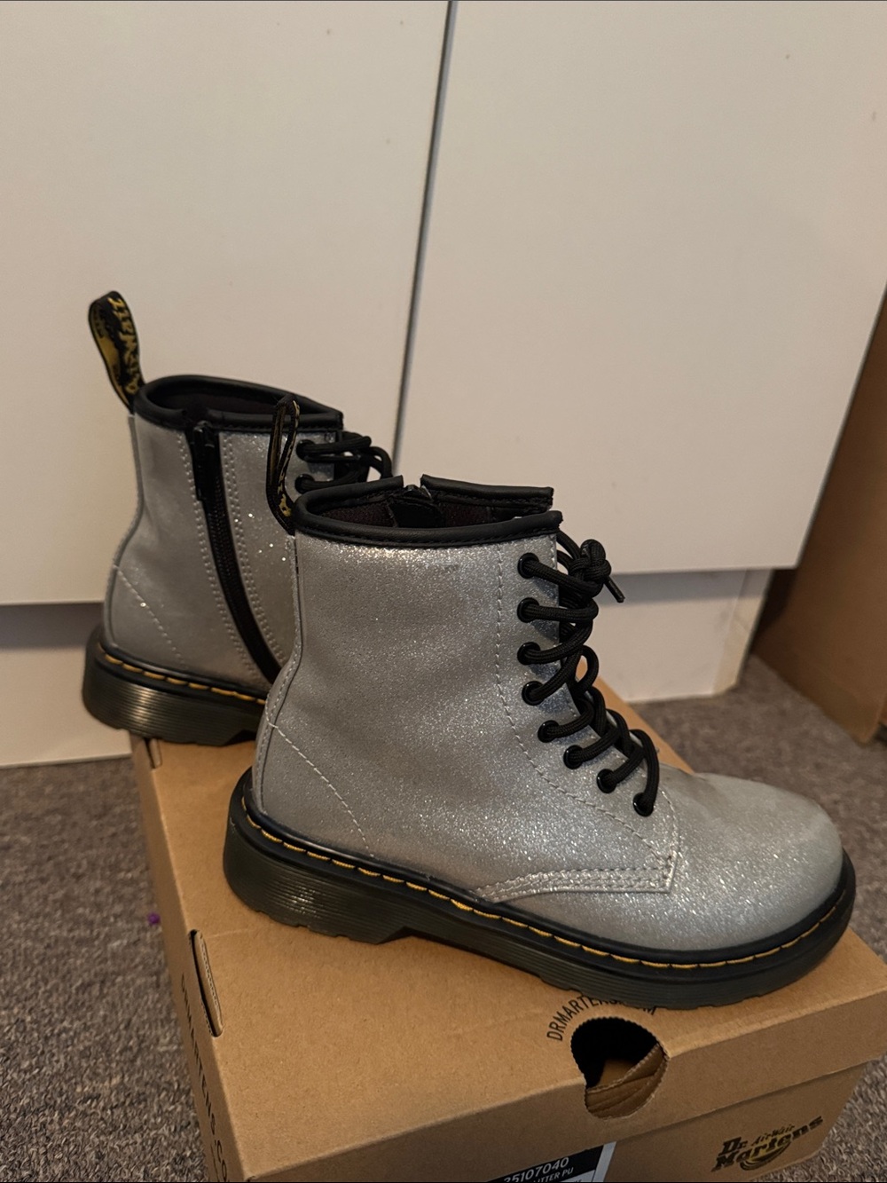 Dr. Martens Kids Silver Glitter Lace-Up and Zipper Ankle Boots